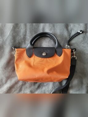 Longchamp Orange and Black Crossbody Tote with Silver Hardware